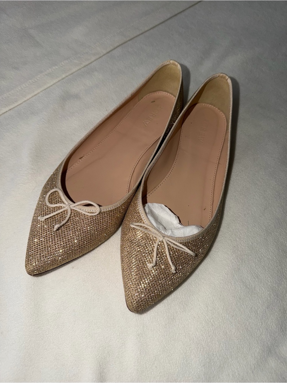 J. Crew Gold Gemma Glitter Ballet Flats with Bow Accent
